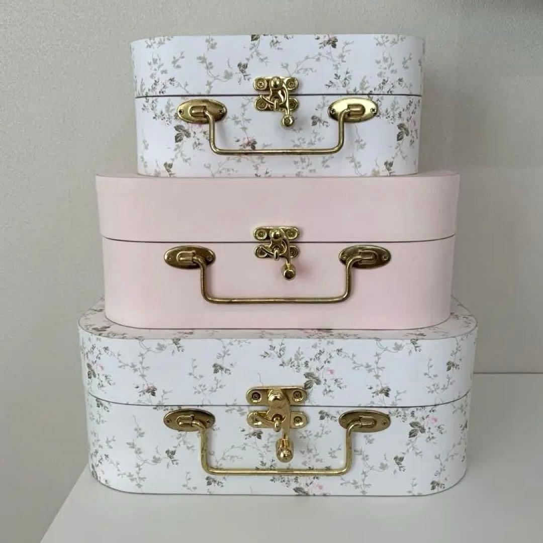 布張り木製ボックス 3個セット（フローラル柄 & ピンク）