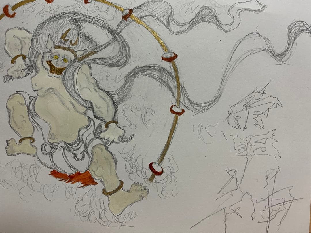 和風水彩画 雷神木製フレーム