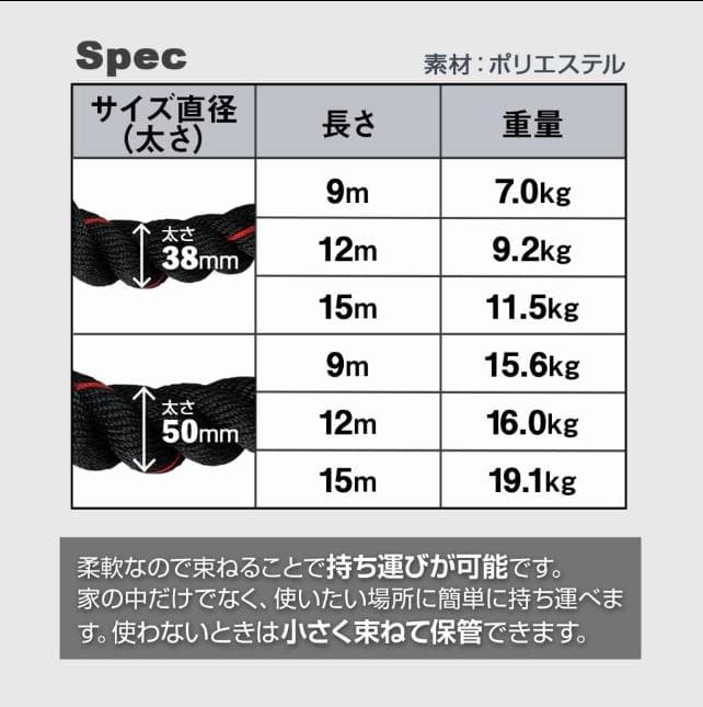 トレーニングロープ 50mmX9m 15.6kg スイングロープ 筋トレ