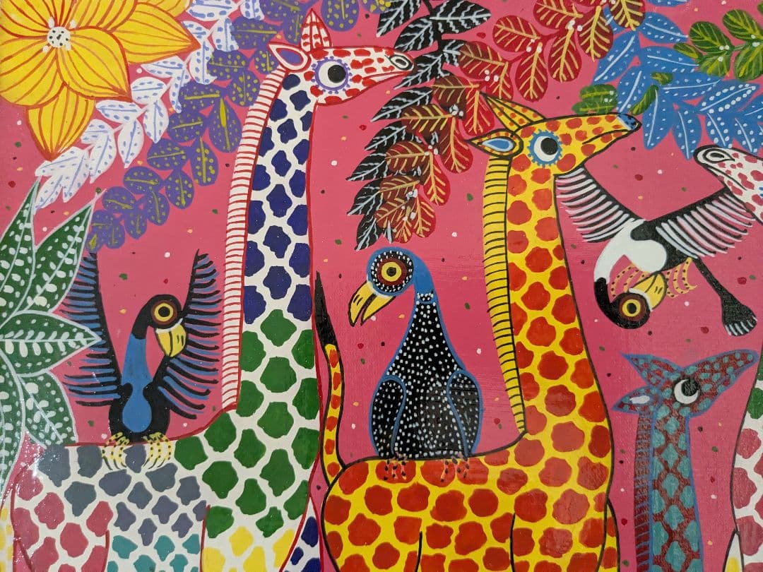 ●アフリカの絵画、ティンガティンガ、キリンの群、カラフル、30×40cm