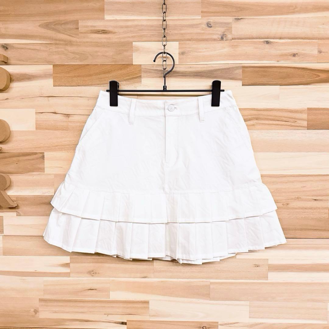 【ジャックバニー】ゴルフ デボス加工ロゴ プリーツ スカート L相当 白×黒