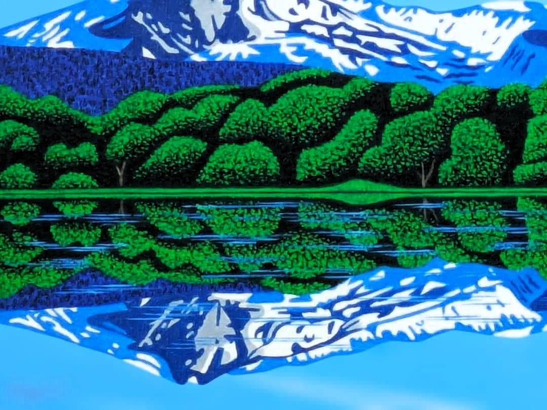 ★鳥海山と湖・肉筆油彩画・F6キャンバス