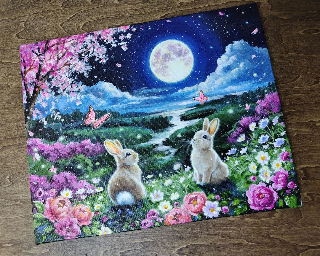 花*様 【春満月】アクリル画 F3 風景画 絵画