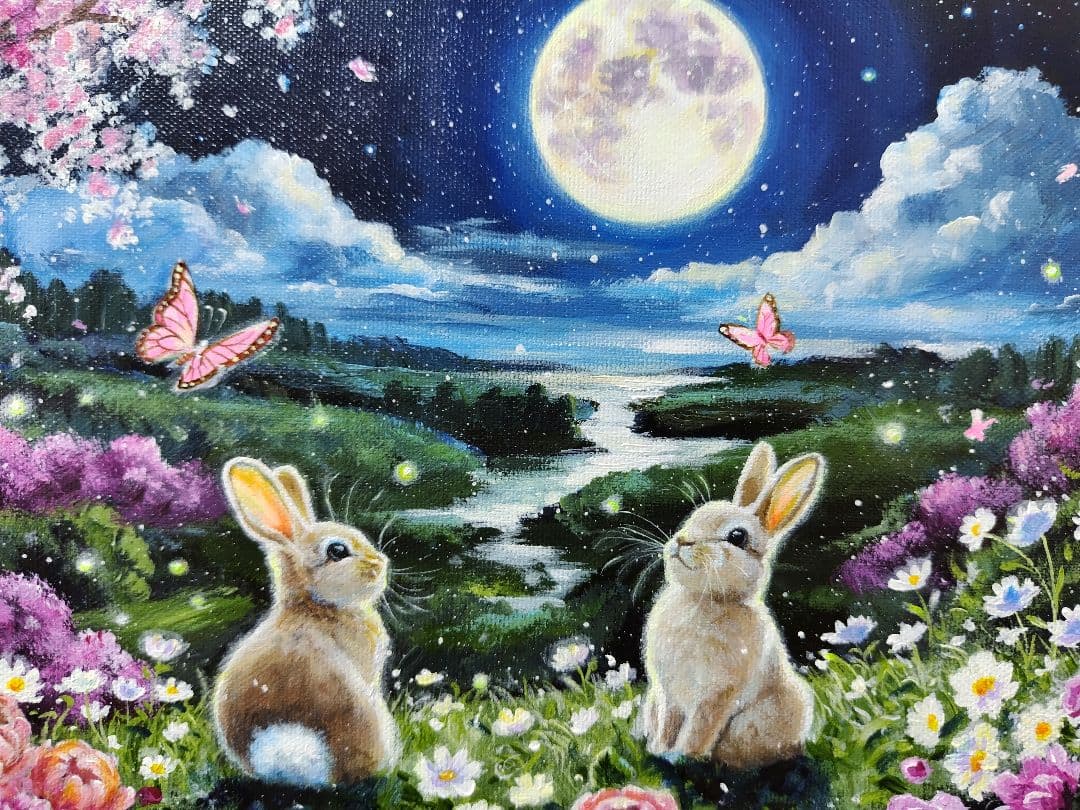 花*様 【春満月】アクリル画 F3 風景画 絵画