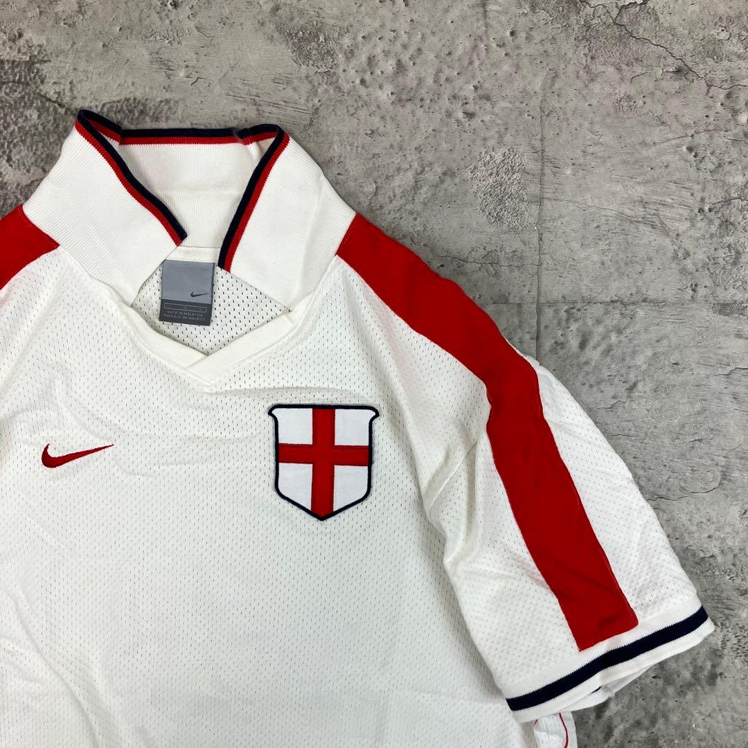 00s NIKE サッカーイングランド代表 ポロシャツ 古着 刺繍 国旗 白 L