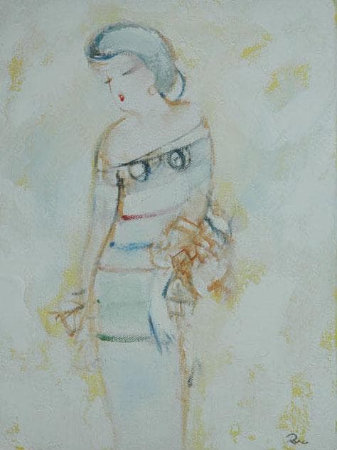 油絵 菅家令子 絵 絵画インテリア額付(青緑＋銀) F3-020311人物 女性