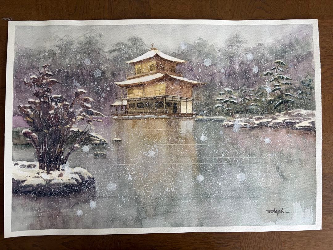 金閣寺 鹿苑寺 寺 雪景色 水彩画 アート 美術 マーメイド紙 池 絵画 冬の絵