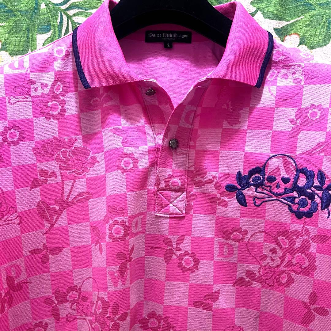 極美品☆ダンスウイズドラゴン半袖ポロシャツ総柄ピンク系