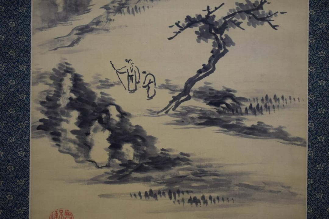 模写/田中柏陰 /山水人物画賛/桐共箱付/布袋屋掛軸HE-694