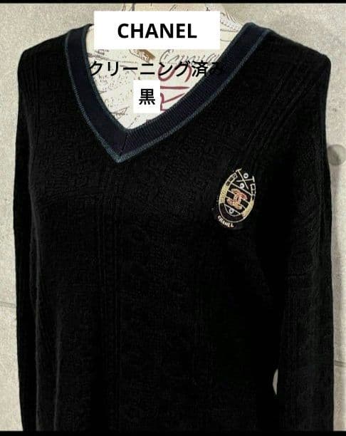 今日まで値下CHANEL黒カシミヤクリーニング済みセーター胸ロゴワッペン美品42