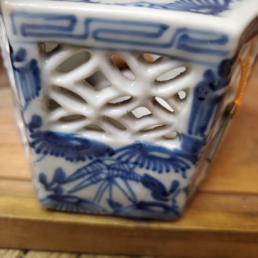 盃台　六角盃台　染め付け透かし