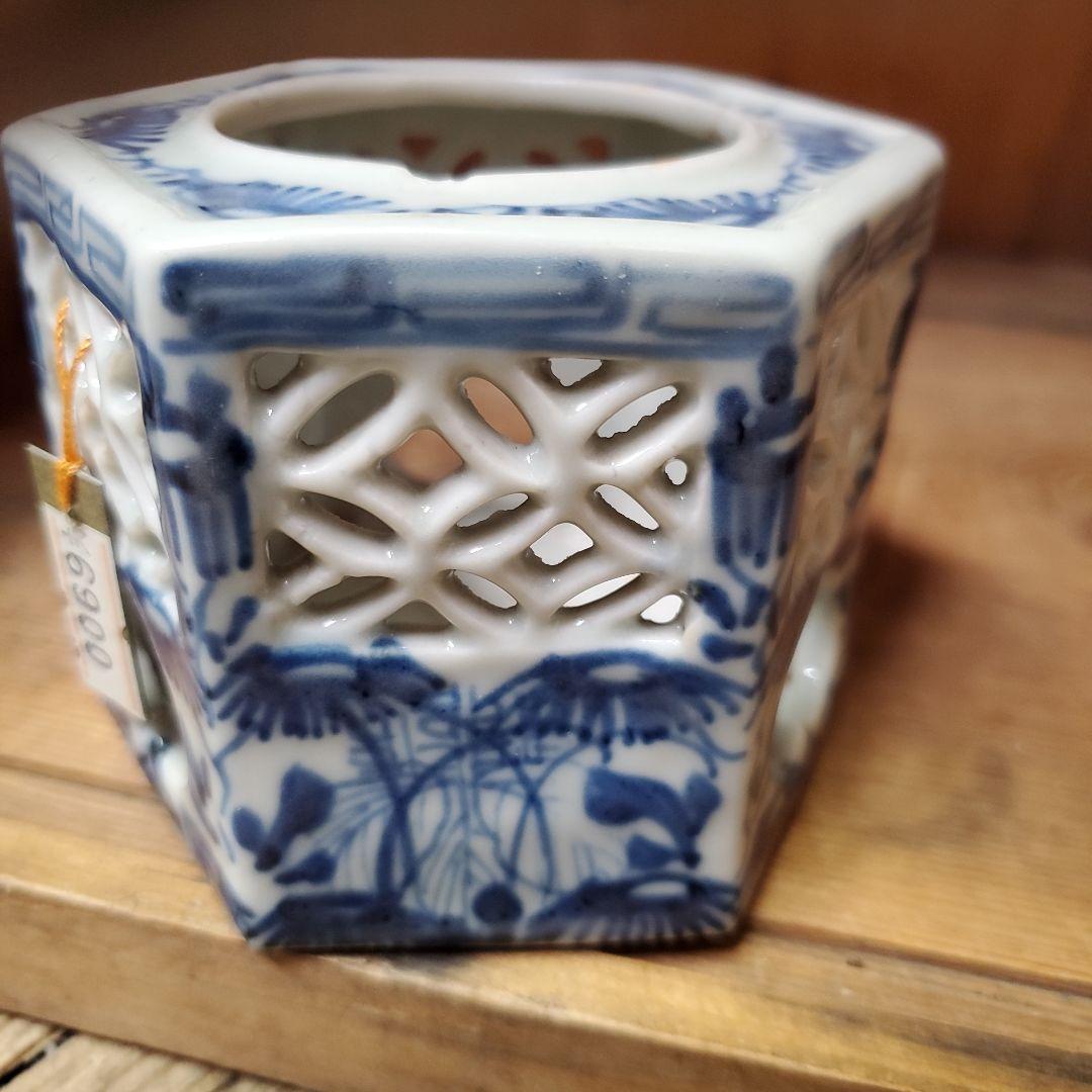 盃台　六角盃台　染め付け透かし
