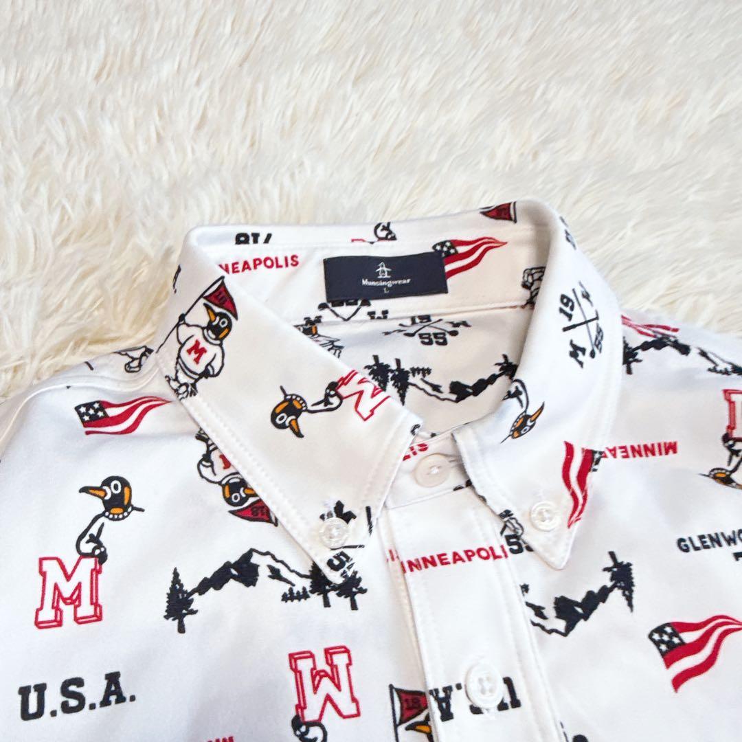 【マンシングウェア】極美品 ポロシャツ ホワイト 総柄 総ロゴ L メンズ