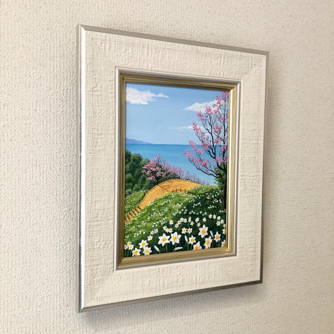 アクリル画　原画　「スイセンの咲く丘01」額縁付　SMサイズ　キャンバス