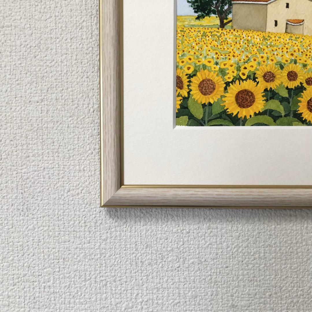 透明水彩画　原画　「ひまわり畑01」額縁付　SMサイズ　風景画