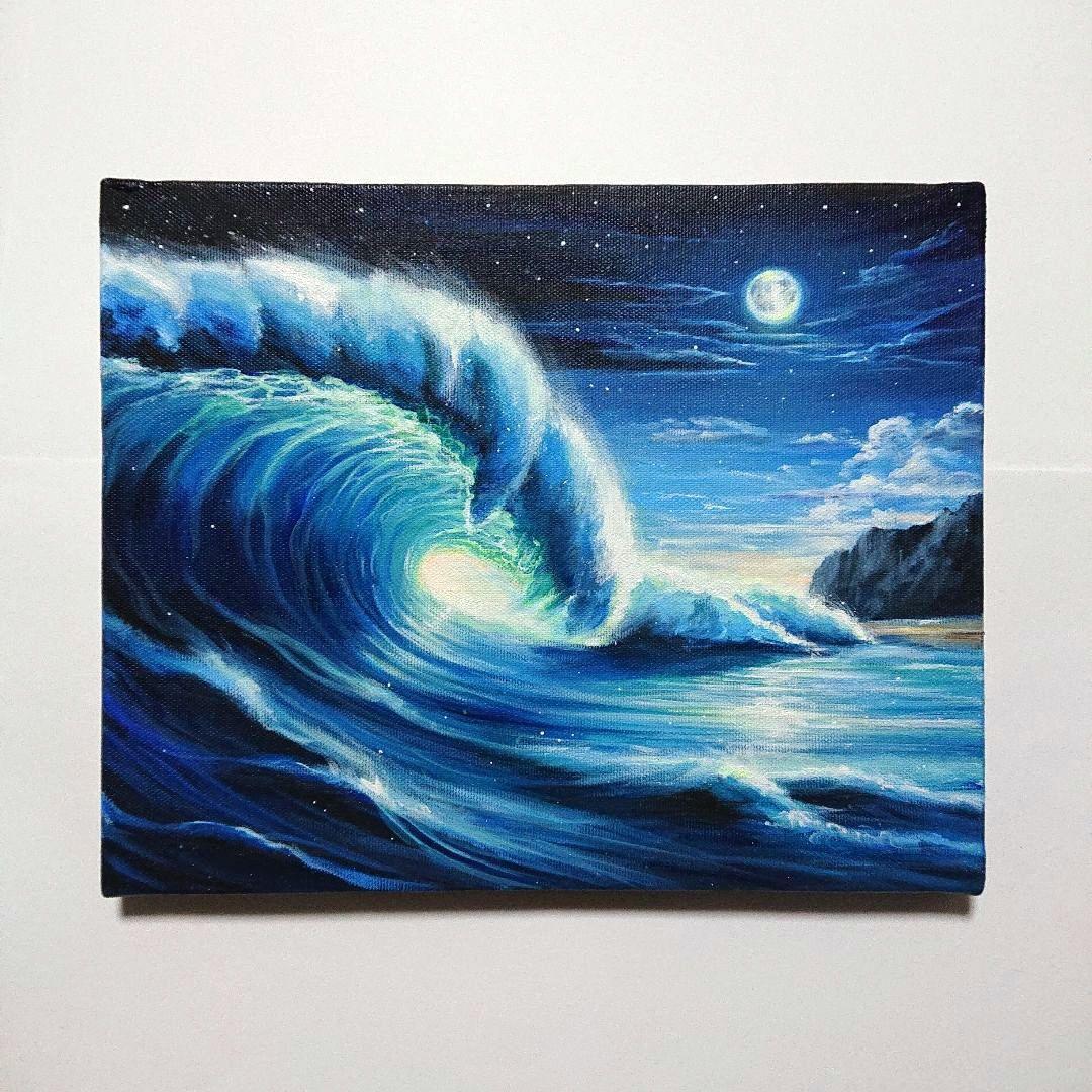 【月夜の大波】アクリル画 F3 風景画 絵画 海の絵