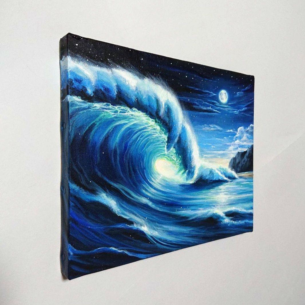 【月夜の大波】アクリル画 F3 風景画 絵画 海の絵