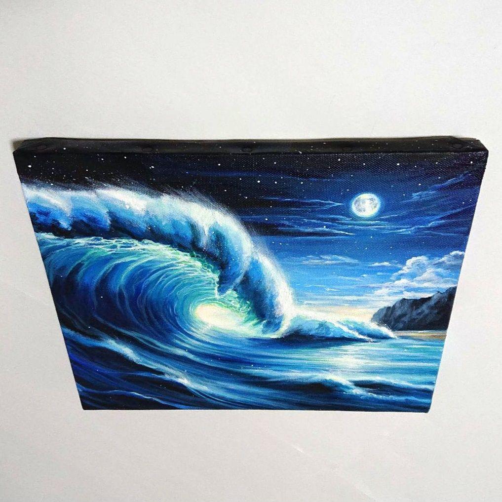 【月夜の大波】アクリル画 F3 風景画 絵画 海の絵