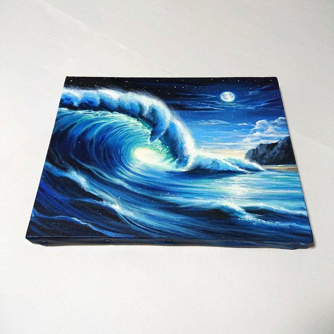 【月夜の大波】アクリル画 F3 風景画 絵画 海の絵