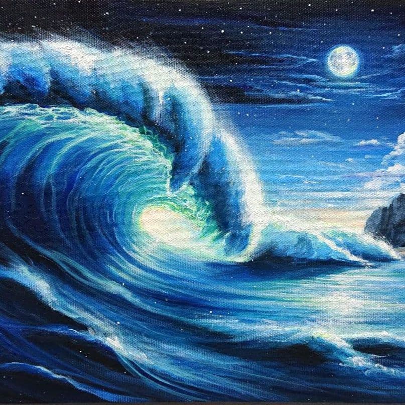 【月夜の大波】アクリル画 F3 風景画 絵画 海の絵
