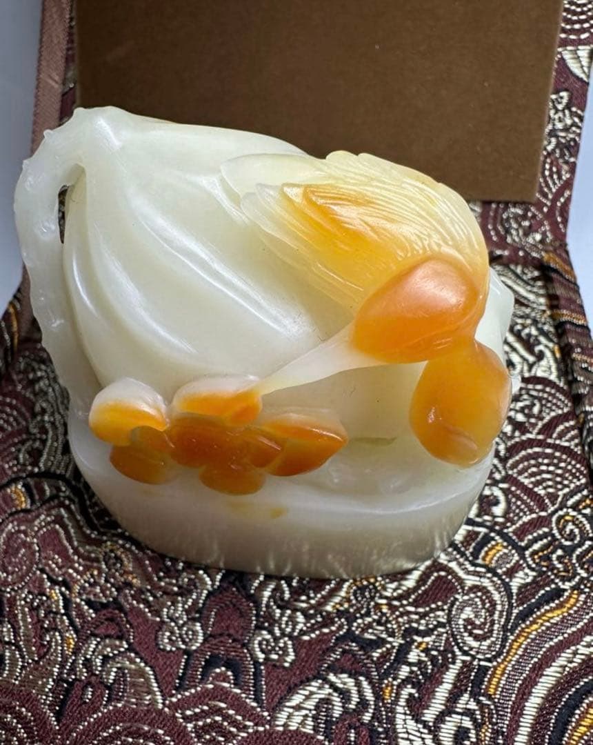【花鳥】 蓮花　鳥　大材　美品　高級印材　篆刻　印石　寿山石 芙蓉 ヒビ箱付き