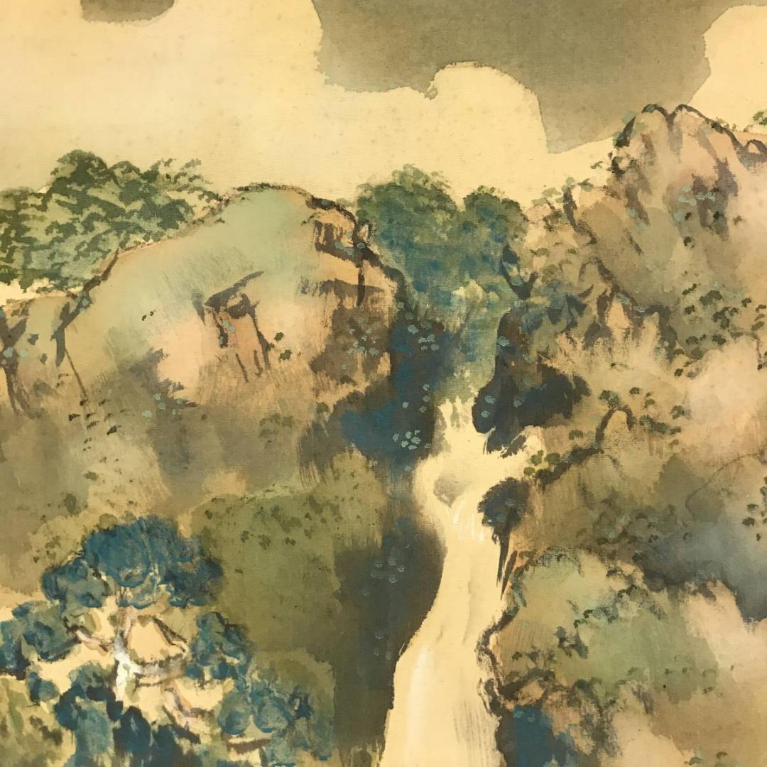 真作/一葉/青緑滝山水図/山水図/掛軸/名家伝来/AE-167