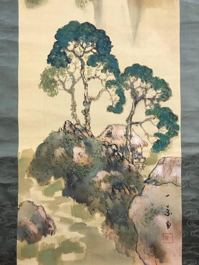 真作/一葉/青緑滝山水図/山水図/掛軸/名家伝来/AE-167