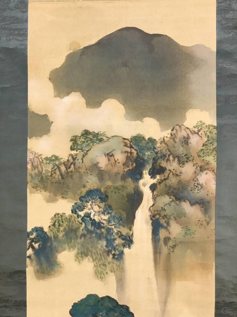 真作/一葉/青緑滝山水図/山水図/掛軸/名家伝来/AE-167