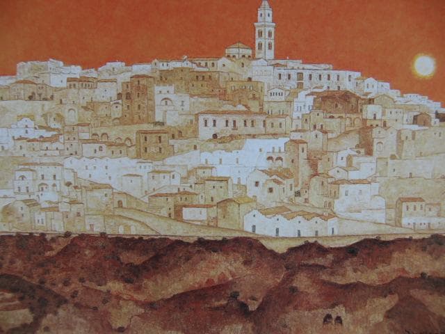 横山申生、【集落の丘（マテーラ・イタリア）】、希少な画集画