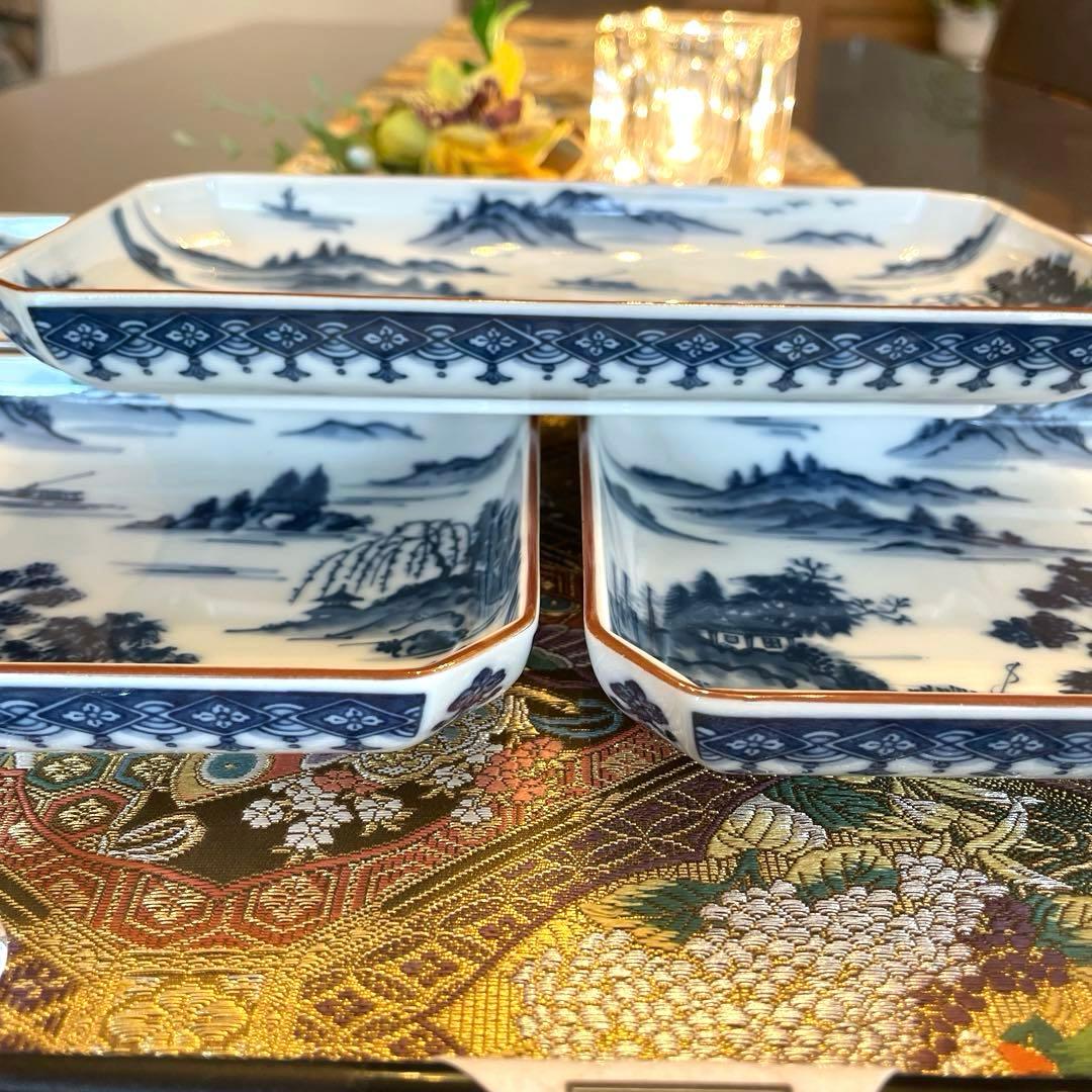 希少廃盤品 新品　前畑陶器　美濃焼　庫山窯　八角　青華山水焼物皿揃　5枚　箱なし
