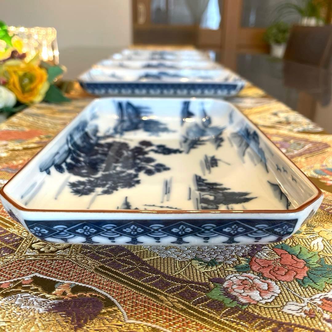 希少廃盤品 新品　前畑陶器　美濃焼　庫山窯　八角　青華山水焼物皿揃　5枚　箱なし