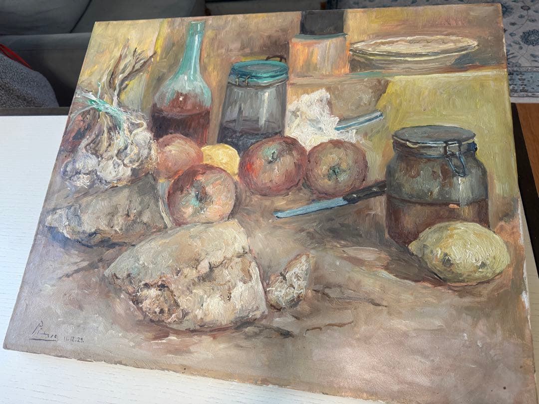 パブロ ピカソ 貴重肉筆 静物画 キャンバス 油彩 表サイン パリ画廊作品認識票
