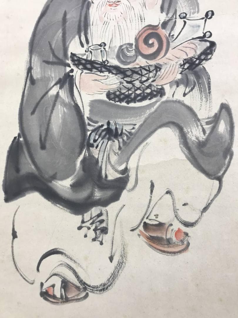 【真作】青邨/寿老人図/人物図/掛軸/名家伝来/AD-218