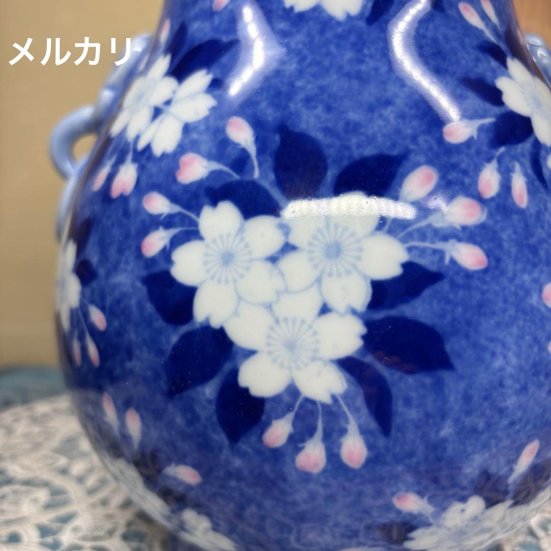 深川製磁　高級美術　深川謹製　花瓶　桜　獅子耳付き　木箱入り