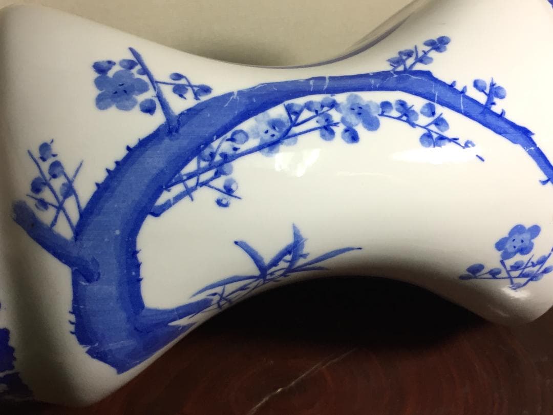 実用品 陶枕 梅図 染付 福寿 陶器製 中国古玩
