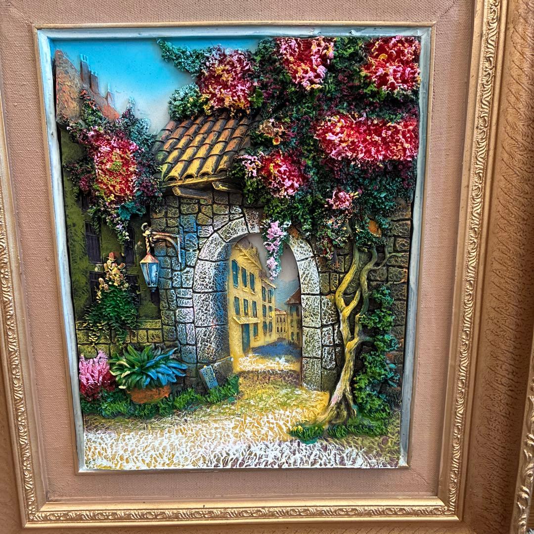 風景画 リアリズムスタイル 金色フレーム　立体アート