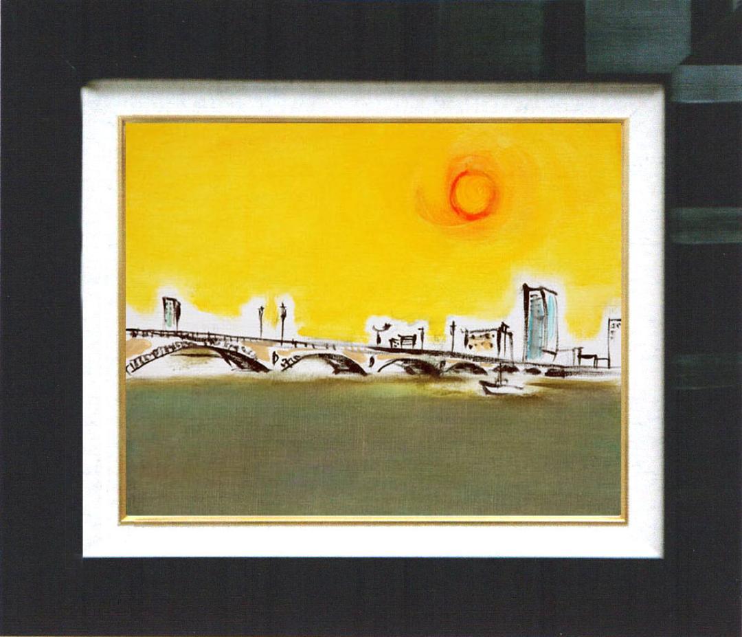 油絵 菅家令子 絵 絵画インテリア 額付(青緑＋金色の枠)F4-090814太陽
