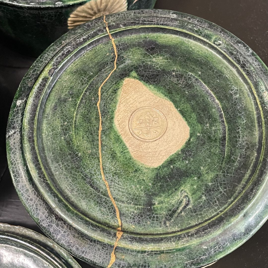 陶器　三段重　アンティーク　骨董品　貫入　金継ぎ　焼物　蓋物