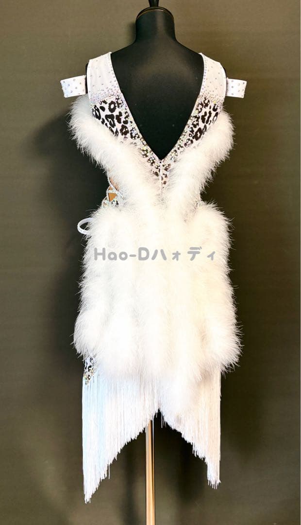 新品★ラテンドレス★白黒豹柄★フリンジ★ファー★マラボー★社交ダンス★競技会