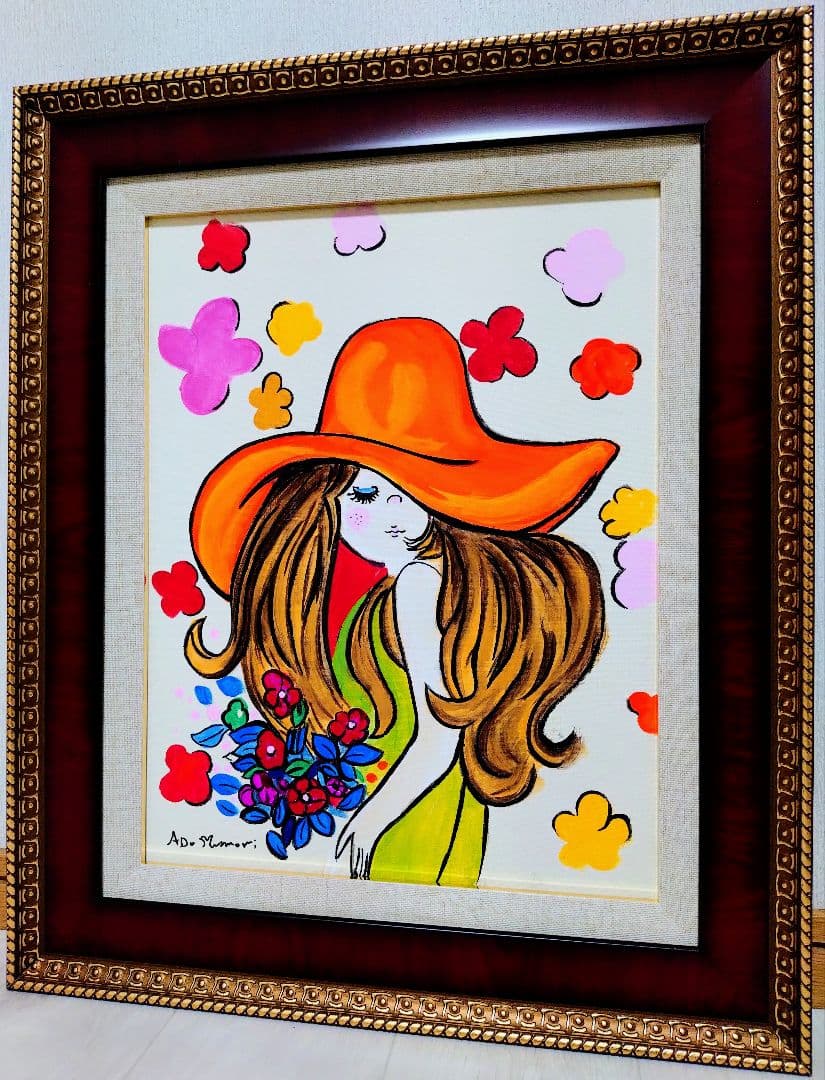 【F6号】水森亜土　手描き作品/表裏サイン・裏描き有/油彩/アクリル/額縁/額装