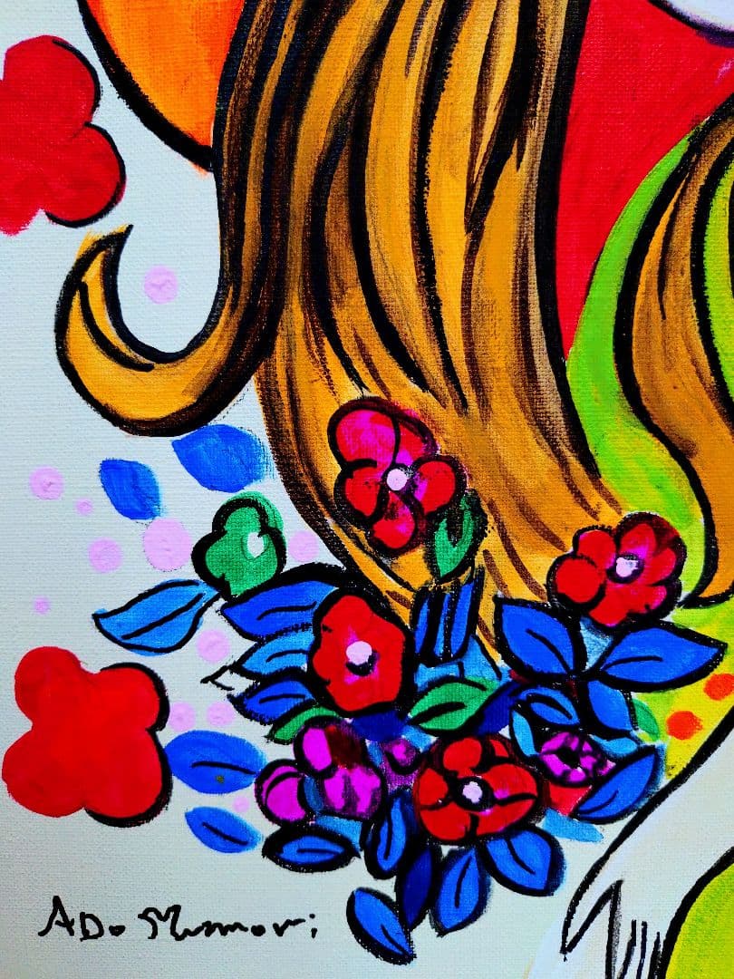【F6号】水森亜土　手描き作品/表裏サイン・裏描き有/油彩/アクリル/額縁/額装