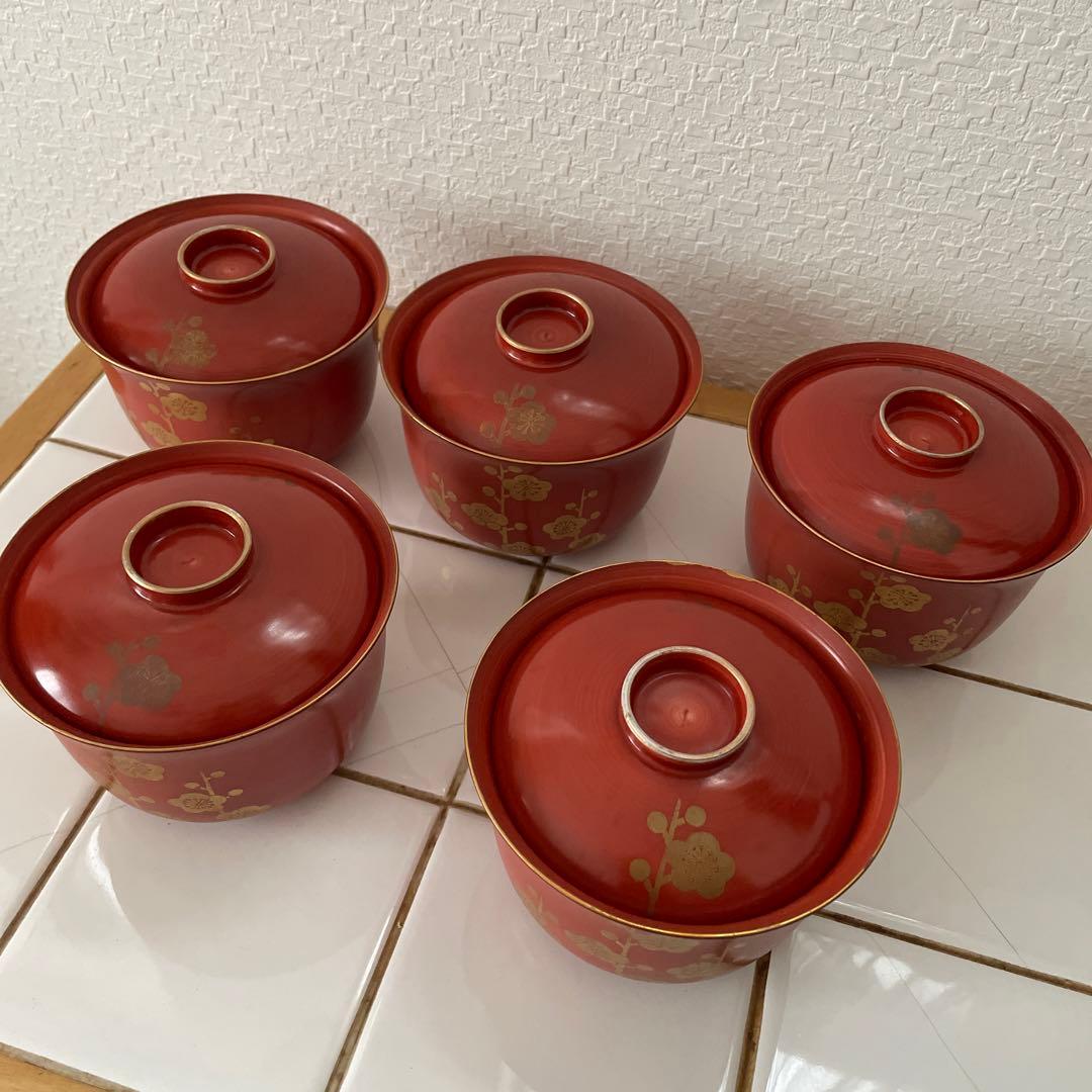 5客 橘吉 飯碗 梅 赤絵 金彩 雑煮椀 お盆 お正月小鉢蓋つき煮物碗 丼鉢