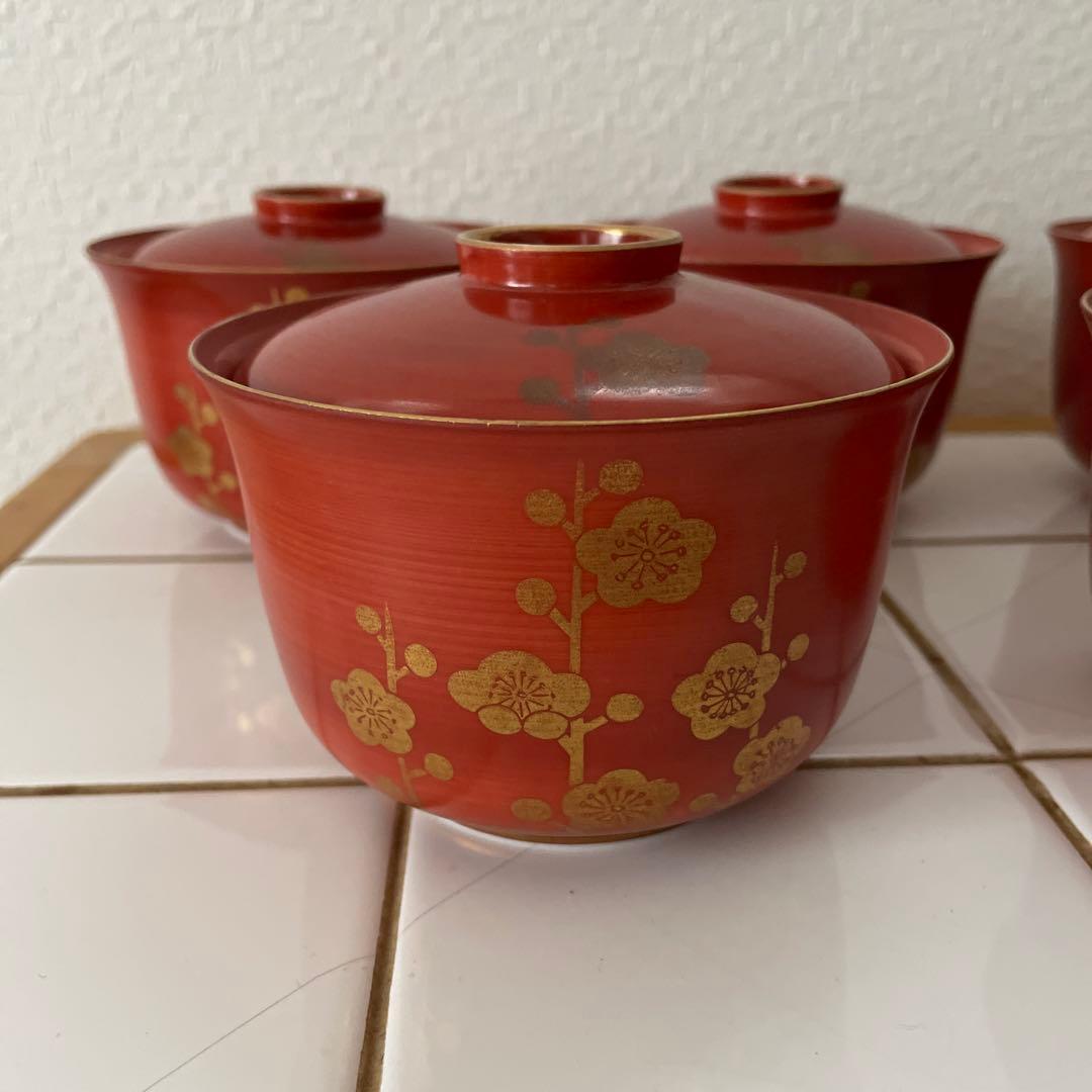 5客 橘吉 飯碗 梅 赤絵 金彩 雑煮椀 お盆 お正月小鉢蓋つき煮物碗 丼鉢