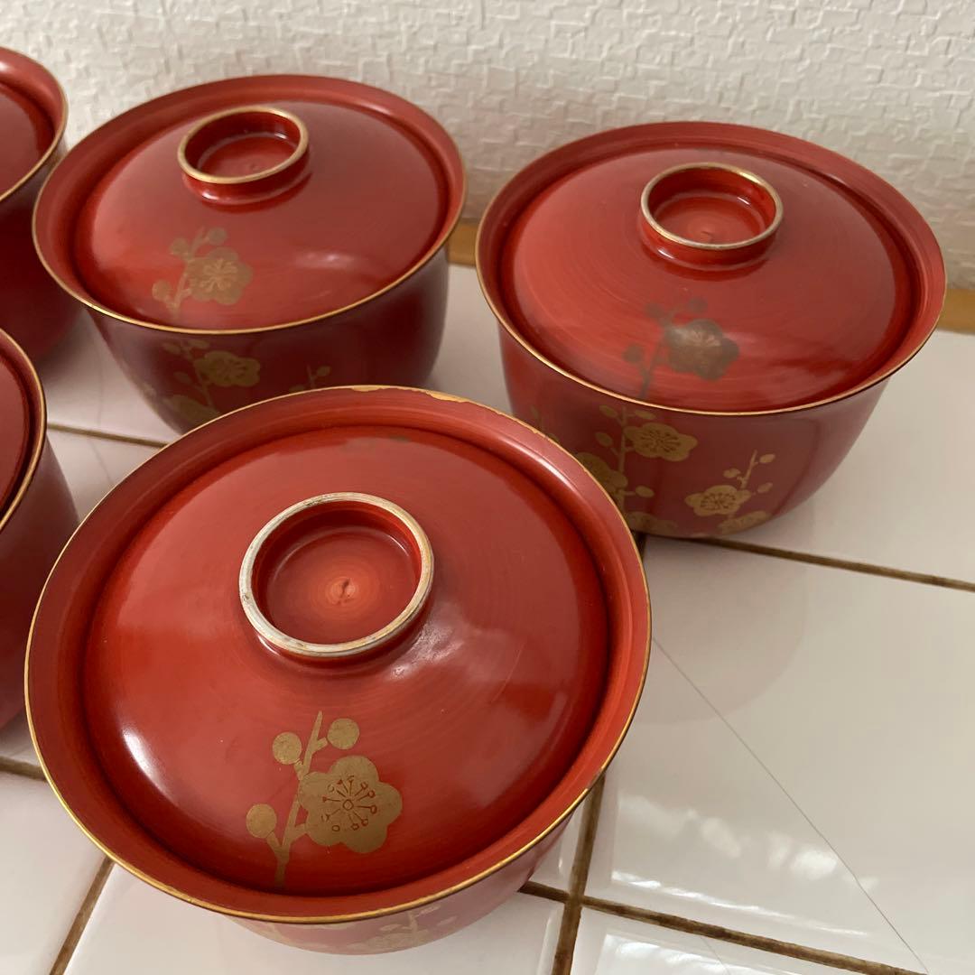 5客 橘吉 飯碗 梅 赤絵 金彩 雑煮椀 お盆 お正月小鉢蓋つき煮物碗 丼鉢