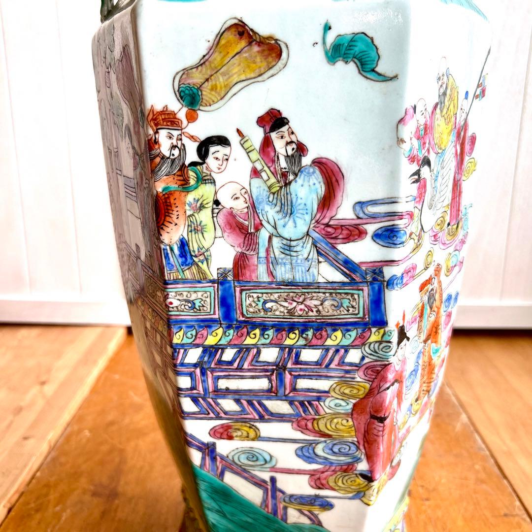 粉彩大花瓶 仙人図絵 花文双耳 八角瓶 珍品 中国
