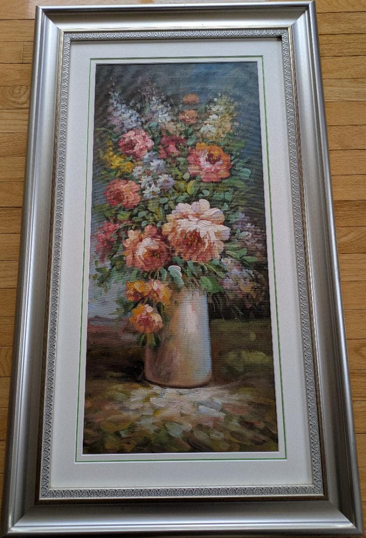 印象派風 花瓶の花 絵画 シルバーのフレーム