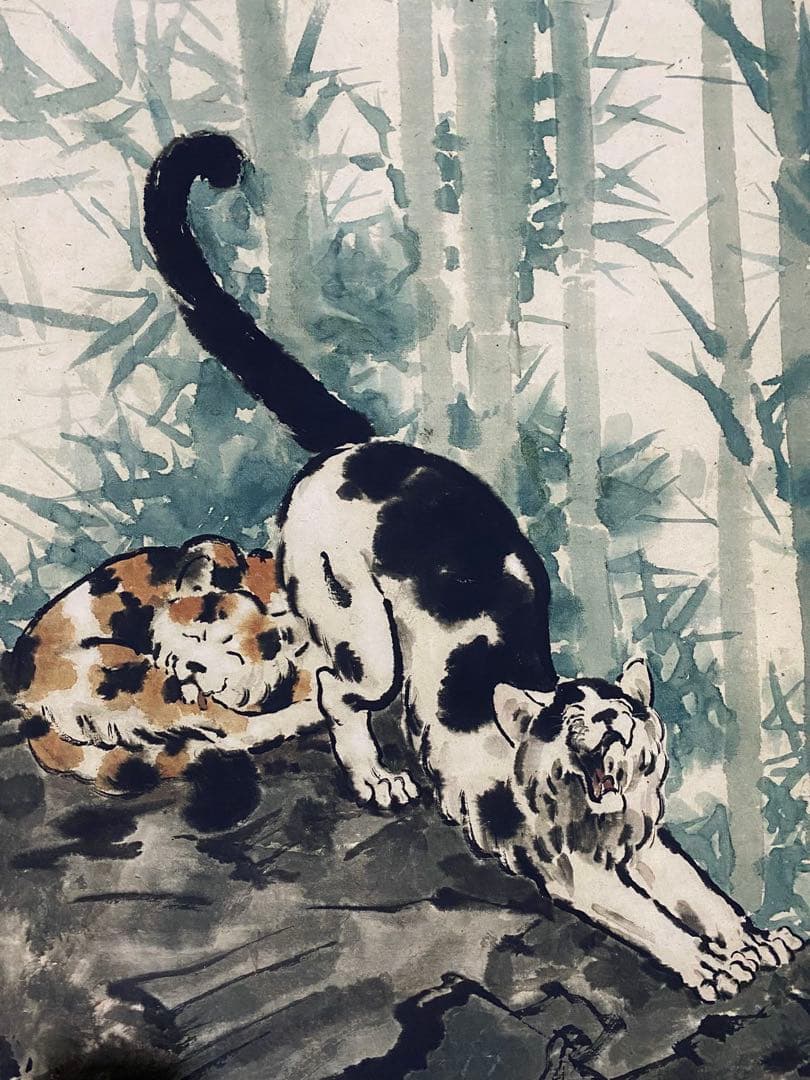 徐悲鸿 双猫竹石 中国画 掛け軸 水墨画 和室 玄関 茶室 壁掛け 美術品