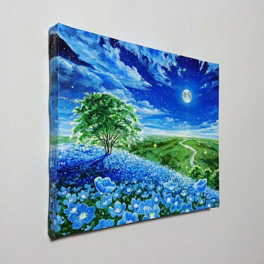 【月夜のネモフィラ】アクリル画 F3 風景画 絵画