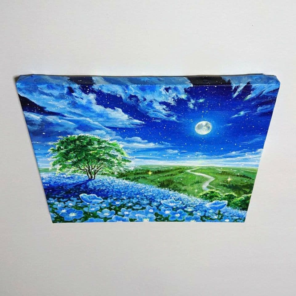 【月夜のネモフィラ】アクリル画 F3 風景画 絵画