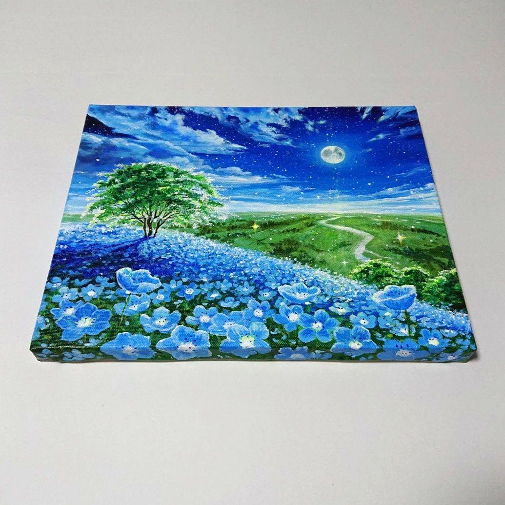 【月夜のネモフィラ】アクリル画 F3 風景画 絵画
